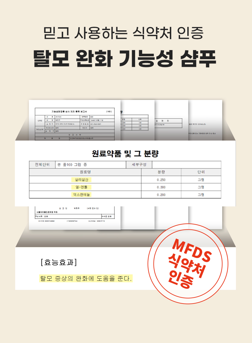 식약처 인증 탈모 완화 기능성 샴푸 - 원료약품 살리실산 0.250g, 엘-멘톨 0.300g, 덱스판테놀 0.200g. 효능효과: 탈모 증상의 완화에 도움을 준다